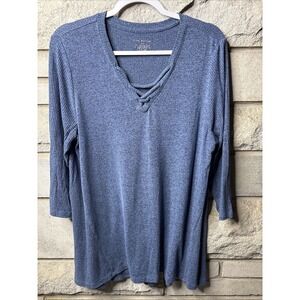 Lane Bryant Shirt Womens 14/16 V Neck Top 3/4 Sleeve Pullover Stretch Sheer Blue